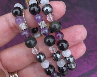 Empath Protection 6 Stone Bracelet, Selenite Tourmaline Obsidian Amethyst, Grounding Energy Shield