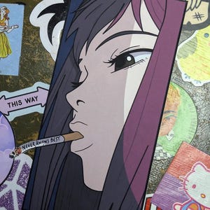 May include: A sticker featuring an anime-style illustration of a person with dark hair and a cigarette in their mouth. The text "NEVER KNOWS BEST" is printed on the cigarette. The sticker is rectangular with a dark blue background.