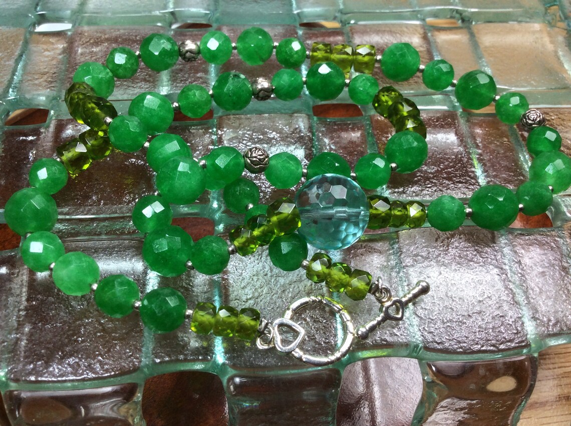 Malaysian Jade Necklace with Aquarium Quartz Faceted pendant. Etsy