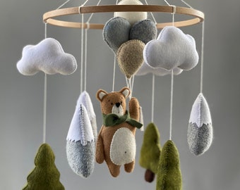 Woodland mobile nursery, bear baby mobile, felt nursery mobile with clouds and mountains, cot mobile, baby shower first gift