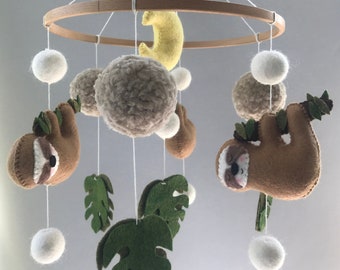 Baby mobile sloth, woodland nursery mobile, felt animals mobile, baby mobile with clouds and pompons, nursery crib mobile