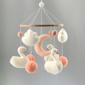 Swan baby mobile, baby girl mobile, pink nursery crib mobile with pompons and clouds, nursery decor girl, baby shower gift