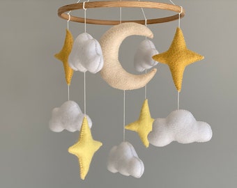 Cloud and star mobile nursery, moon crib mobile, baby mobile girl, boho baby mobile, baby mobile boy, baby shower gift