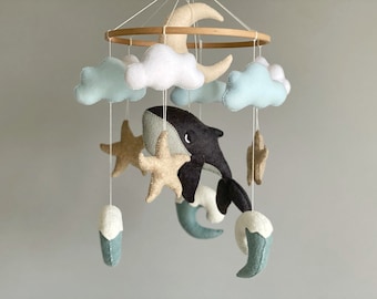 Whale mobile Neutral nursery mobile Crib mobile ocean Hanging mobile felt clouds,  seagulls, starfish