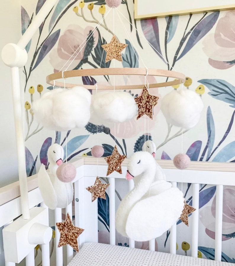 Baby mobile swans, nursery crib mobile animals, baby girl mobile image 2