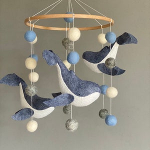 Whale mobile, baby mobile, ocean mobile, baby mobile boy, nursery mobile, fish baby mobile, neutral baby mobile, felt ball mobile