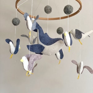 Whale mobile, nursery crib mobile, seagulls nautical baby mobile, ocean and sea mobile