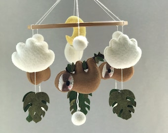 Baby mobile sloth, nursery crib mobile animals, woodland nursery mobile, felt animals mobile, baby mobile with clouds and moon