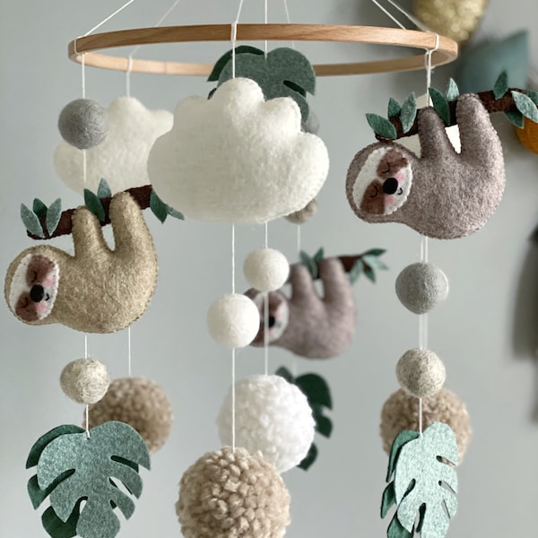 Baby mobile sloth, nursery crib mobile animals, nursery mobile woodland