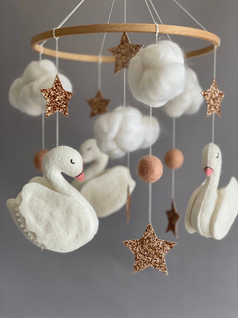 Baby mobile swans, nursery crib mobile animals, baby girl mobile image 1