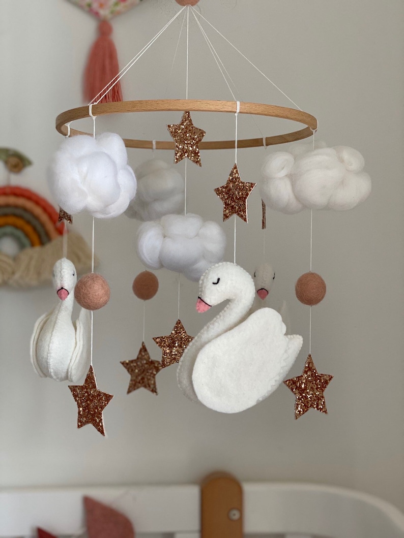 Baby mobile swans, nursery crib mobile animals, baby girl mobile image 8