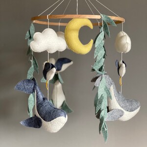 Whale baby mobile nursery Sea ocean hanging crib mobile Felt mobile with cloud and moon Baby shower gift