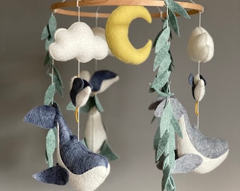 Whale baby mobile nursery Sea ocean hanging crib mobile Felt mobile with cloud and moon Baby shower gift