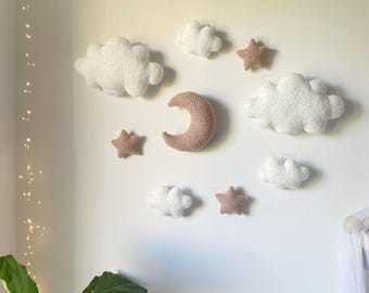 Clouds and stars nursery wall decor,BOUCLE nursery wall decor , eco friendly baby present, baby shower gift, boucle kids room decor, new mom