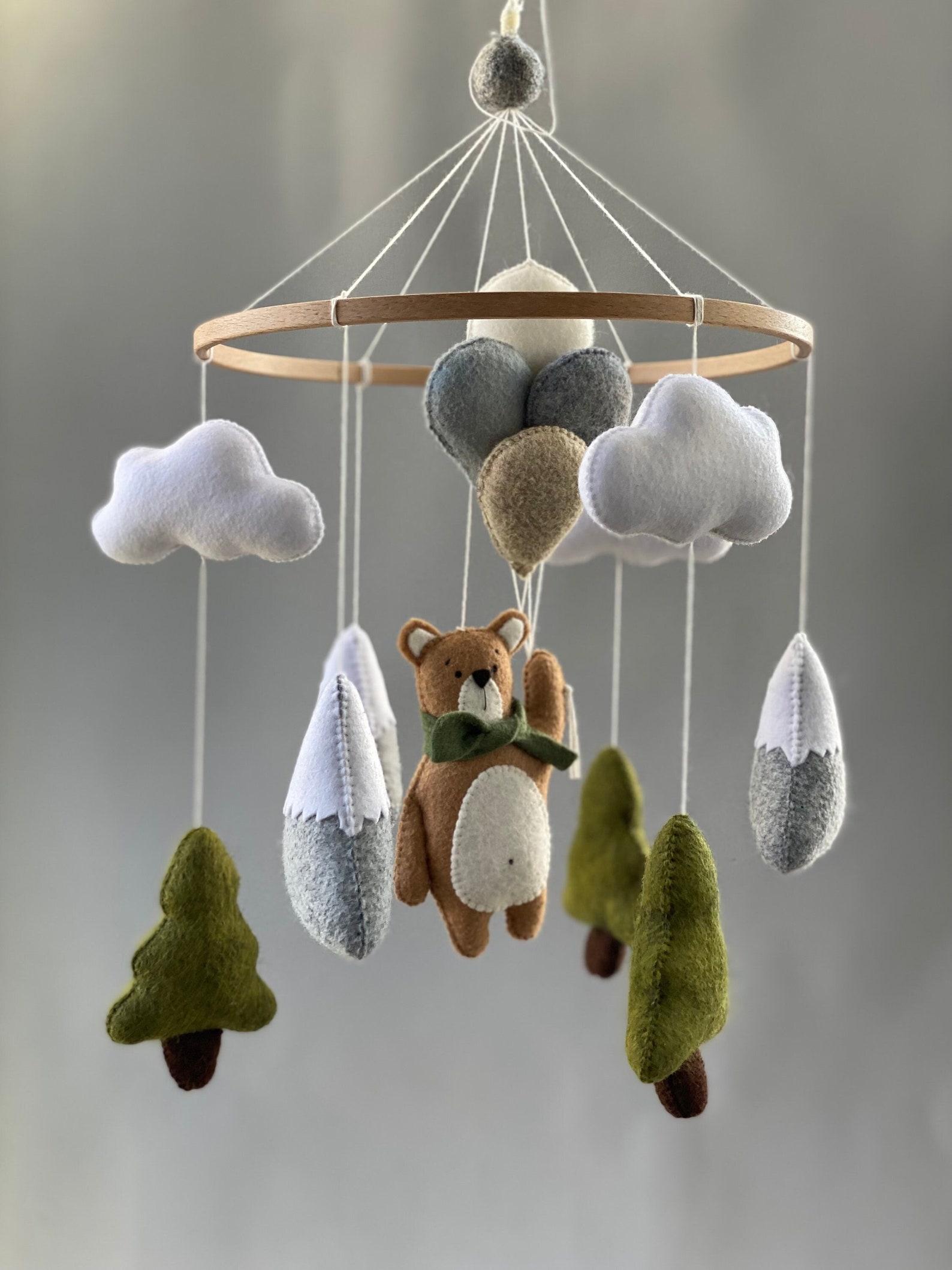 Woodland Mobile Nursery, Bear Baby Mobile, Felt Nursery Mobile With ...