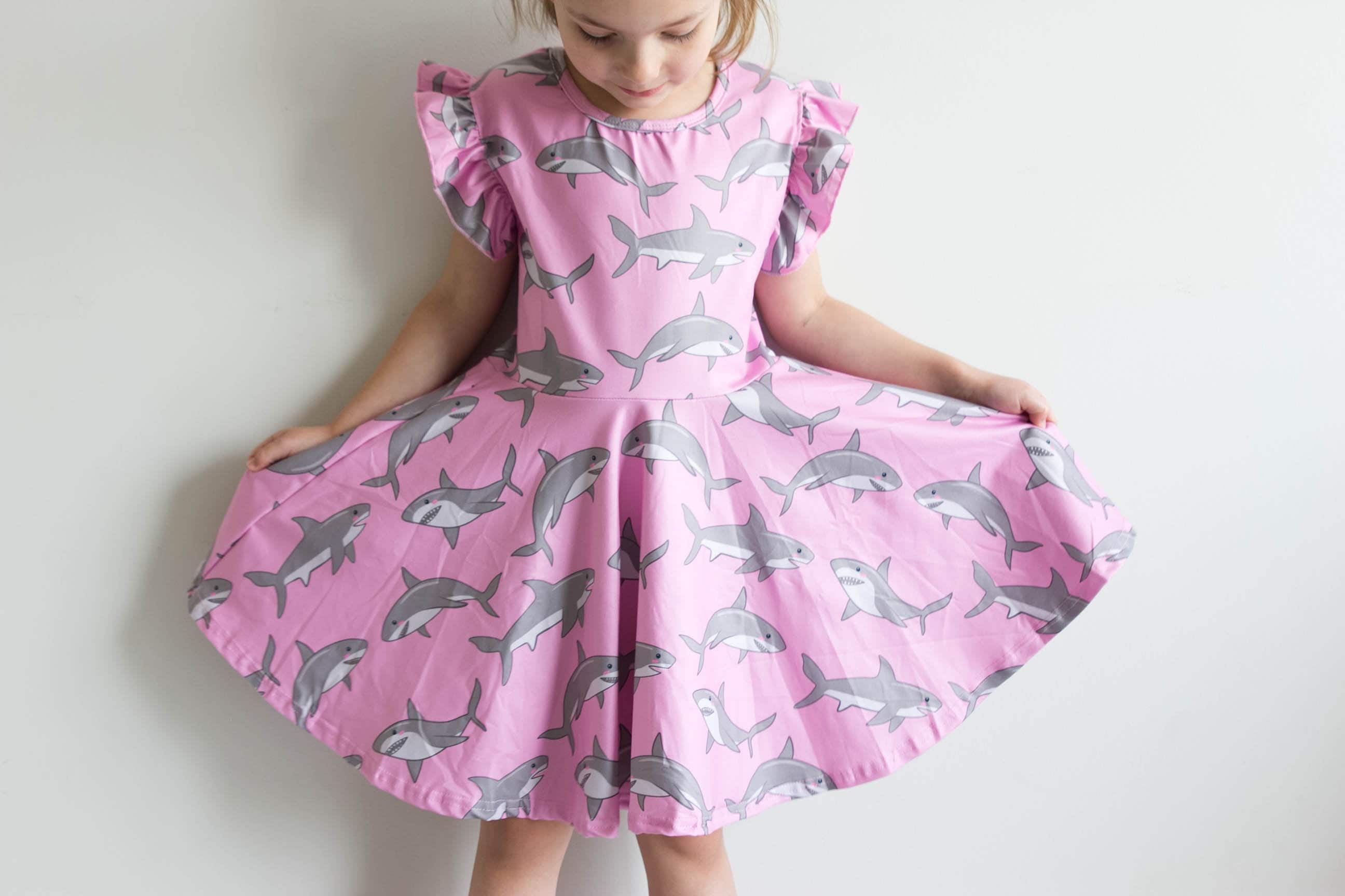 pink shark dress Girls Shark Dress Pink & Blue Ocean Twirl Dress with Scrunchie