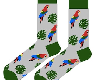 Grey socks with monstera and parrot perfect for casual style - funny happy socks