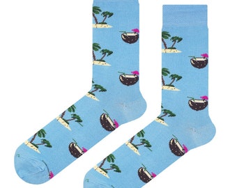Divertidos calcetines azules con palmeras y cocos EM 1