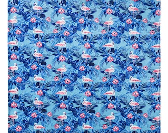 Blue silk pocket square with pink flamingos