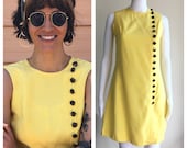 Vintage 60s Yellow Mod Mini Shift Dress with Button Detail Size XS