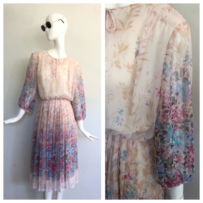 Size Small Vintage 80s Boho Pastel Watercolour Floral Chiffon 34 Sleeve Midi Tea Dress