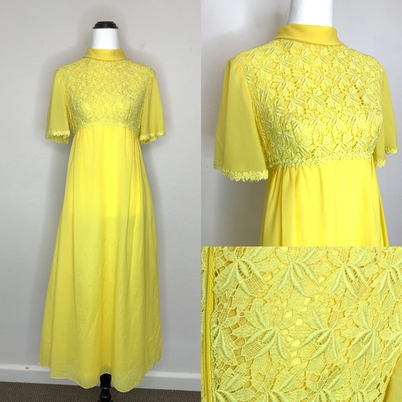Vintage 1960s Lemon Yellow Lace Floaty Sleeve High Neck