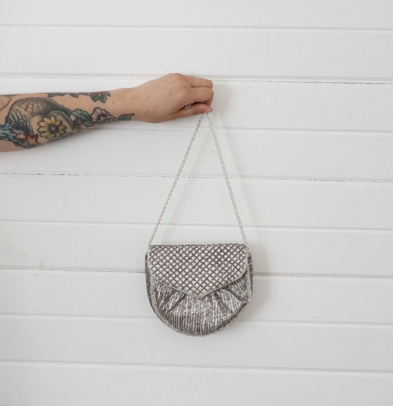 Vintage 90s Y2K Silver Beaded Crossbody Evening Ha