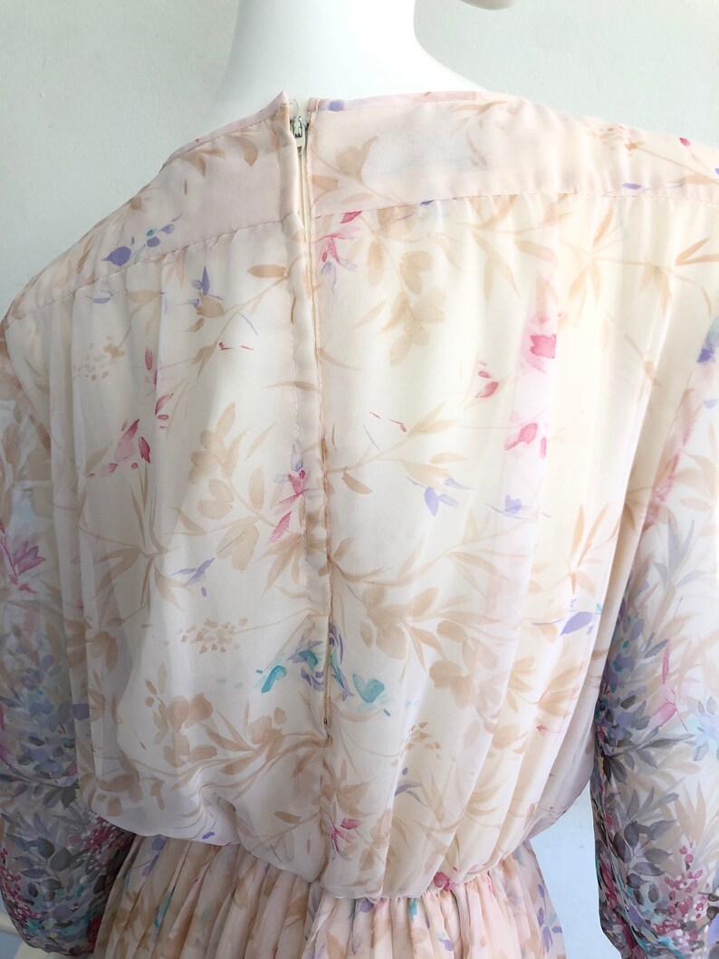 Size Small Vintage 80s Boho Pastel Watercolour Floral Chiffon 34 Sleeve Midi Tea Dress