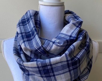 Hidden Zipper Pocket Infinity Scarf - Blue Gray & White Plaid - Cotton Flannel