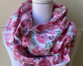 Hidden Zipper Pocket Infinity Scarf - Pink White Floral - Cotton Flannel