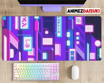 Purple desk mat, Tokyo city Gamer mousepad, Gaming large desk mat, Anime street desk accessory, Pink mousepad, Non-slip XL desk mat MP11