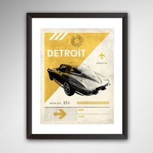 May include: A vintage travel poster with a yellow and gold color scheme featuring a classic car and the text "DETROIT, MOTOR CITY, USA". The poster also includes a luggage tag with the text "BAGGAGE TAG" and a blank space for a name and flight number.