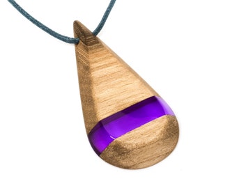 Teardrop purple resin pendant // Walnut and transparent purple resin pendant with adjustable grey waxcord // Wood resin pendant