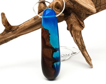 Wood and blue resin pendant with silver adjustable snake chain // Long pendant // Wood resin pendant // Natural jewelry // Wooden jewelry