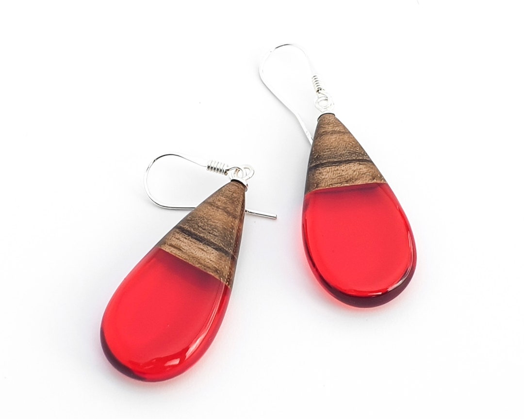 Wood and Red Epoxy Resin Teardrop Earrings // Red Earrings // Etsy