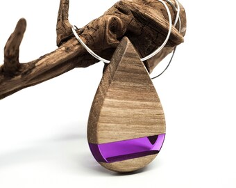 Teardrop purple resin pendant // Walnut and transparent purple resin pendant with adjustable silver snake chain // Wood resin pendant