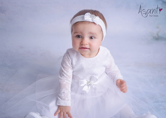 Set 3-tlg Taufkleid Stirnband+Schuhe 62-98 Baptism Christening