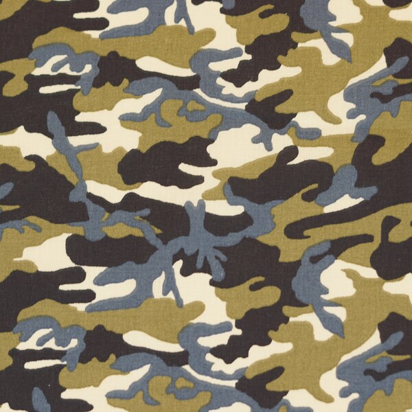 Camouflage in Beige, Khaki, Schwarz und Blau auf Popeline - Baumwolle