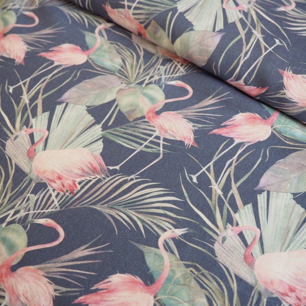 SALE Flamingo Palms blue Apricot painted Watercolor print Radiance - Viscose