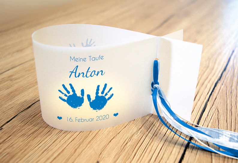 DIY: Light covers for baptism, baby hands personalized with name, date and baptismal message, set of 3, 6 or 9 dunkelblau