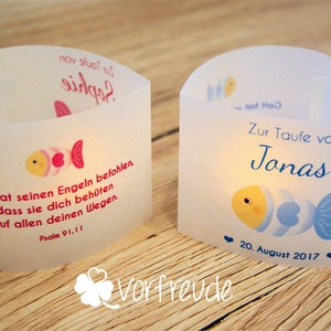 DIY: Lichthülle, Windlicht Herz zur Taufe, Fisch personalisiert mit Name, Datum, Taufspruch, 3er, 6er, 9er Set Bild 1