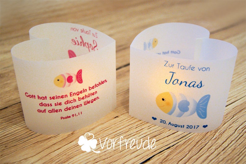 DIY: Lichthülle, Windlicht Herz zur Taufe, Fisch personalisiert mit Name, Datum, Taufspruch, 3er, 6er, 9er Set Bild 1