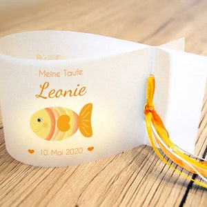 DIY: Lichthüllen zur Taufe und Kommunion, Fisch personalisiert mit Name, Datum und Taufspruch, 3er, 6er, 9er Set gelb/orange