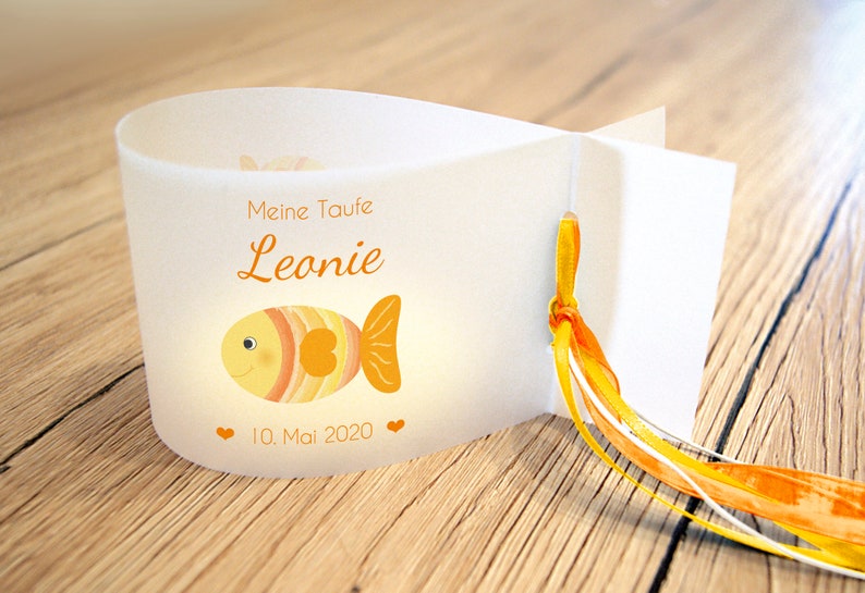 DIY: Lichthüllen zur Taufe und Kommunion, Fisch personalisiert mit Name, Datum und Taufspruch, 3er, 6er, 9er Set gelb/orange