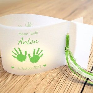 DIY: Light covers for baptism, baby hands personalized with name, date and baptismal message, set of 3, 6 or 9 hellgrün