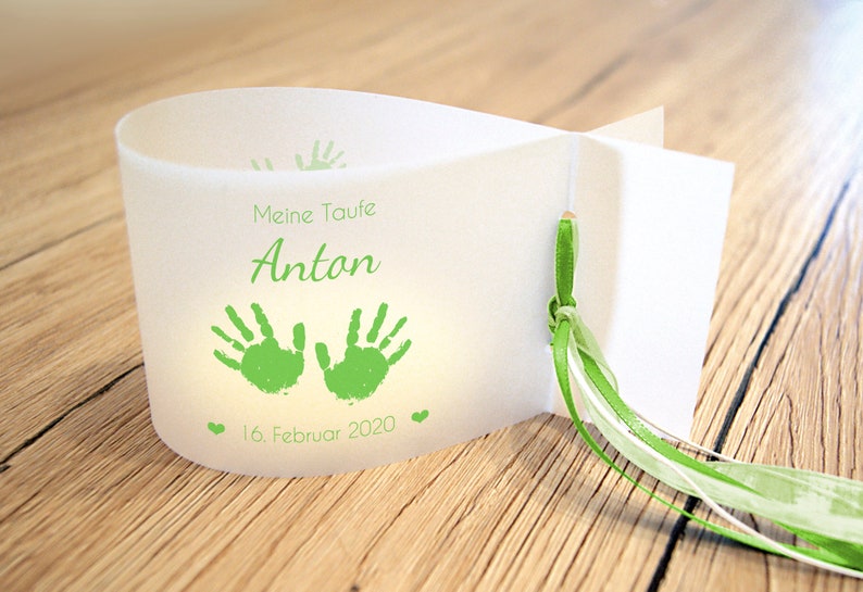 DIY: Light covers for baptism, baby hands personalized with name, date and baptismal message, set of 3, 6 or 9 hellgrün