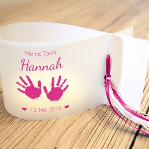 DIY: Lichthüllen zur Taufe, Babyhände personalisiert mit Name, Datum und Taufspruch, 3er, 6er, 9er Set rosa/pink