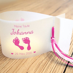 DIY Windlicht, Lichthülle zur Taufe, Kommunion, Motiv: Babyfüße personalisiert mit Name, Datum, Taufspruch, 3er, 6er, 9er Set rosa/pink