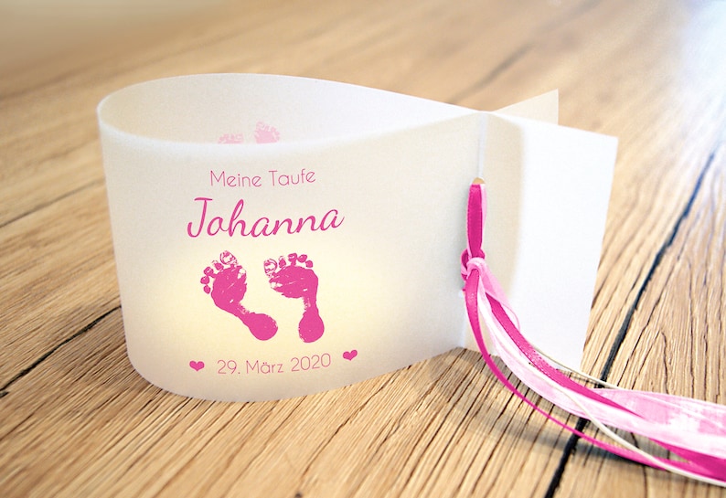 DIY Windlicht, Lichthülle zur Taufe, Kommunion, Motiv: Babyfüße personalisiert mit Name, Datum, Taufspruch, 3er, 6er, 9er Set rosa/pink