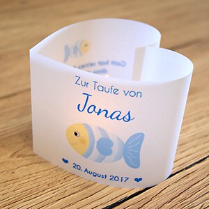 DIY: Lichthülle, Windlicht Herz zur Taufe, Fisch personalisiert mit Name, Datum, Taufspruch, 3er, 6er, 9er Set Bild 2